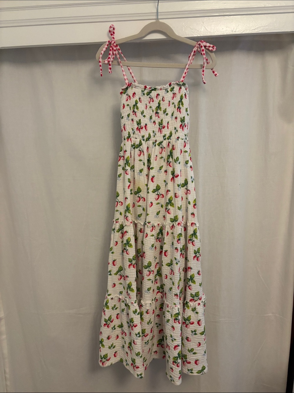 Girls White Strawberry-Print Maxi Dress with Red Gingham Tie Straps